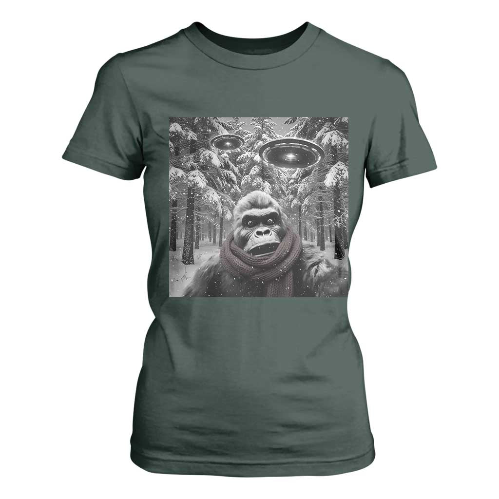 Funny Bigfoot Selfie T Shirt For Women Sasquatch Alien UFO Christmas TS14 Dark Forest Green Print Your Wear