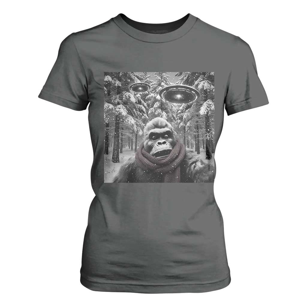 Funny Bigfoot Selfie T Shirt For Women Sasquatch Alien UFO Christmas TS14 Dark Heather Print Your Wear