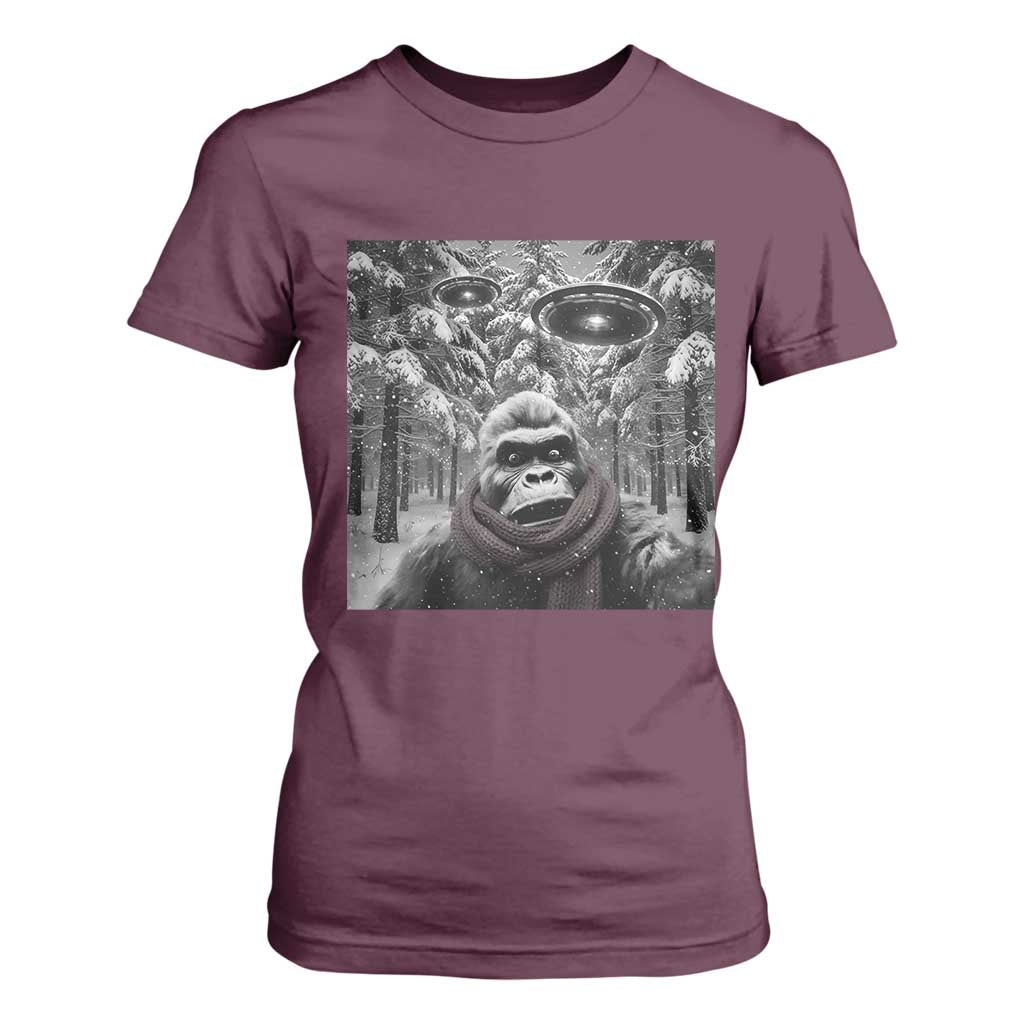 Funny Bigfoot Selfie T Shirt For Women Sasquatch Alien UFO Christmas TS14 Maroon Print Your Wear