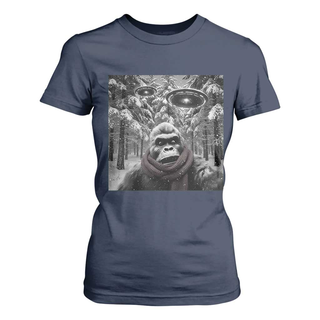 Funny Bigfoot Selfie T Shirt For Women Sasquatch Alien UFO Christmas TS14 Navy Print Your Wear