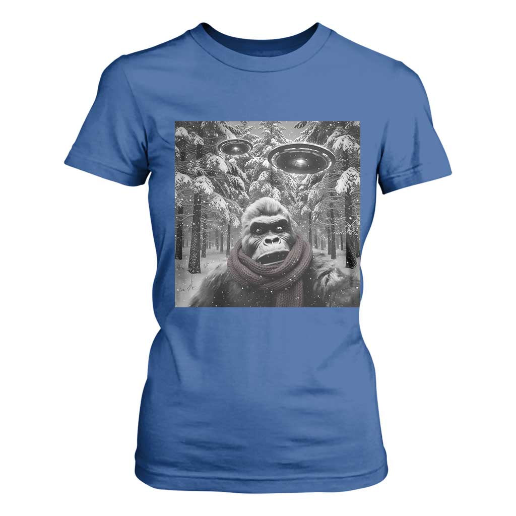 Funny Bigfoot Selfie T Shirt For Women Sasquatch Alien UFO Christmas TS14 Royal Blue Print Your Wear