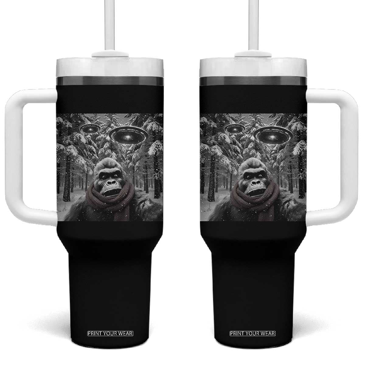 Funny Bigfoot Selfie Tumbler With Handle Sasquatch Alien UFO Christmas TS14 One Size: 40 oz Black Print Your Wear