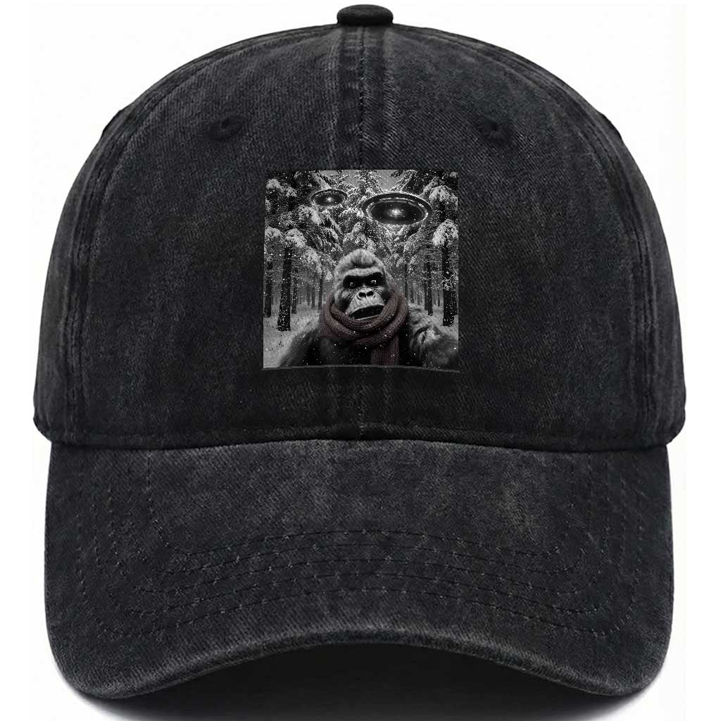 Funny Bigfoot Selfie Washed Cotton Baseball Cap Sasquatch Alien UFO Christmas TS14 Washed Cap Universal Fit Black Print Your Wear