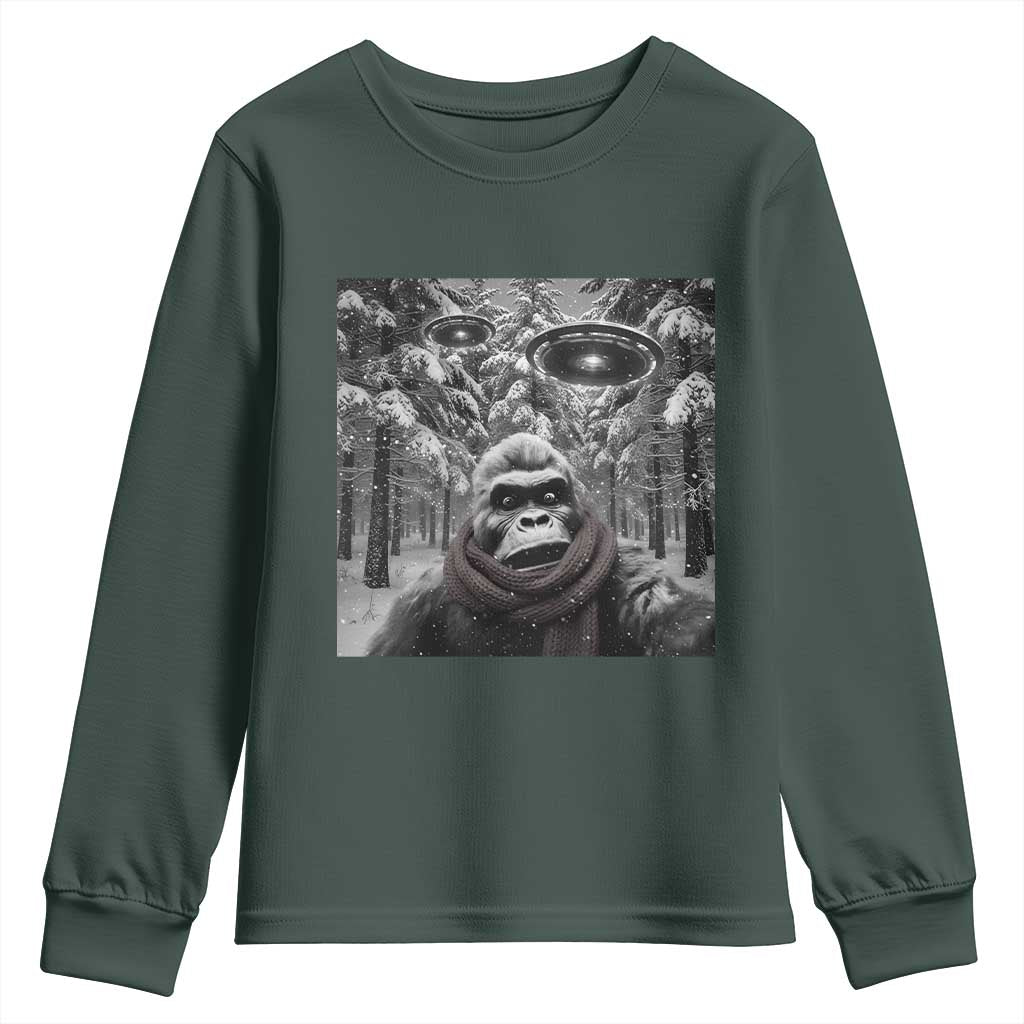 Funny Bigfoot Selfie Youth Sweatshirt Sasquatch Alien UFO Christmas TS14 Dark Forest Green Print Your Wear