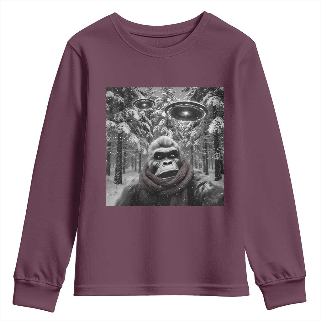 Funny Bigfoot Selfie Youth Sweatshirt Sasquatch Alien UFO Christmas TS14 Maroon Print Your Wear
