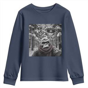 Funny Bigfoot Selfie Youth Sweatshirt Sasquatch Alien UFO Christmas TS14 Navy Print Your Wear