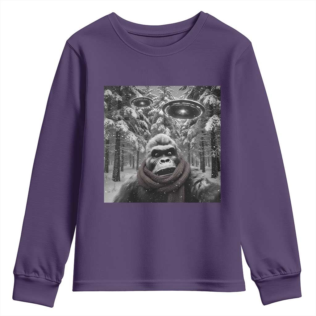 Funny Bigfoot Selfie Youth Sweatshirt Sasquatch Alien UFO Christmas TS14 Purple Print Your Wear