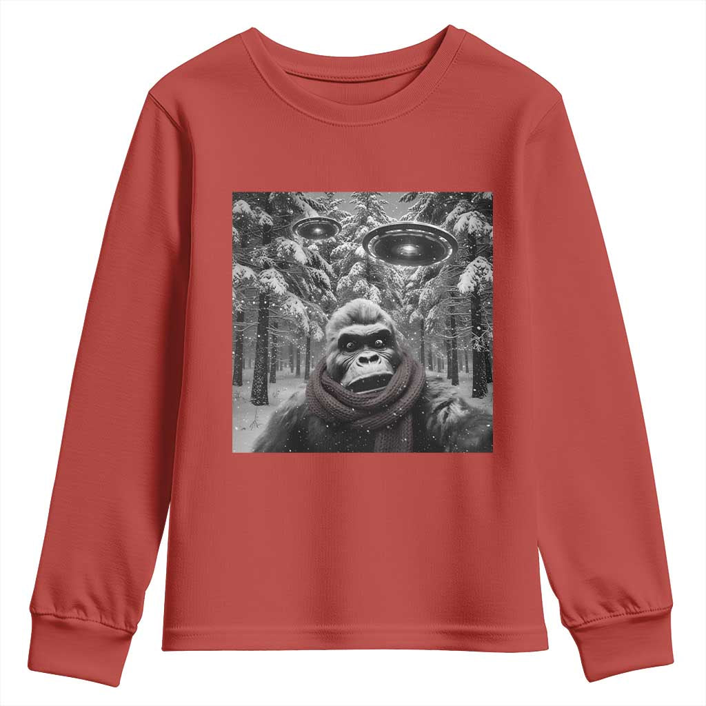 Funny Bigfoot Selfie Youth Sweatshirt Sasquatch Alien UFO Christmas TS14 Red Print Your Wear
