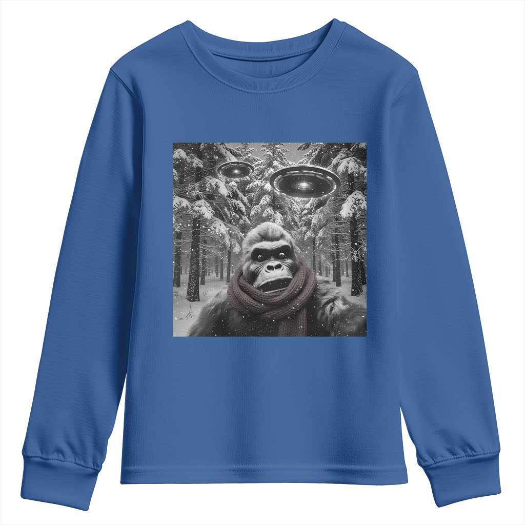 Funny Bigfoot Selfie Youth Sweatshirt Sasquatch Alien UFO Christmas TS14 Royal Blue Print Your Wear