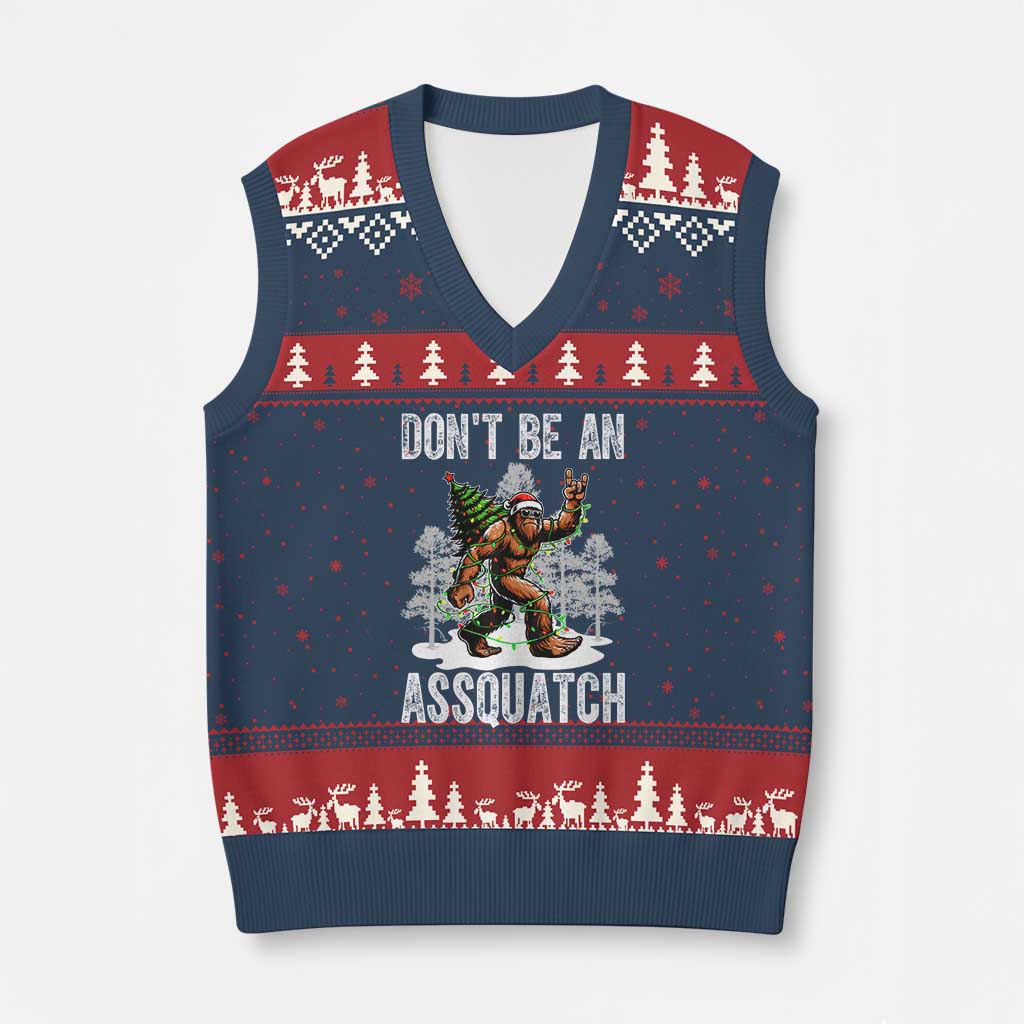 Funny Bigfoot Xmas V-Neck Knit Sweater Vest Do Not Be An Assquatch TS14 Navy Red Print Your Wear