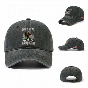 Funny Bigfoot Christmas Washed Cotton Baseball Cap Do Not Be An Assquatch TS14 Washed Cap Universal Fit Dark Green Print Your Wear
