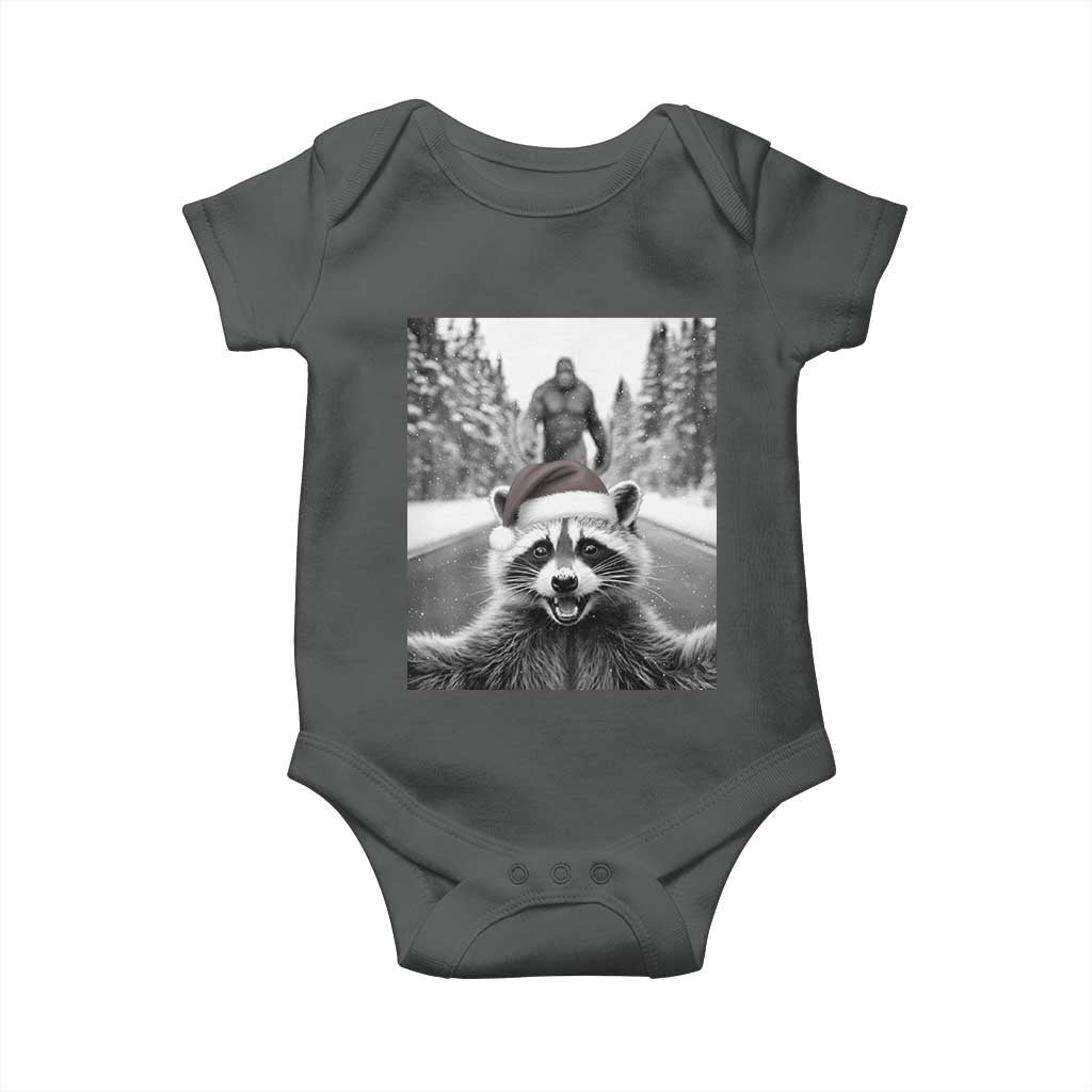 Funny Racoon With Bigfoot Selfie Christmas Baby Onesie TS14 Dark Heather Print Your Wear