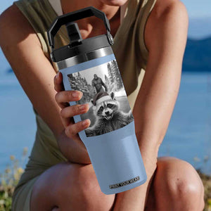 Funny Racoon With Bigfoot Selfie Christmas Flip Straw Tumbler TS14 One Size: 30 oz Light Blue Print Your Wear