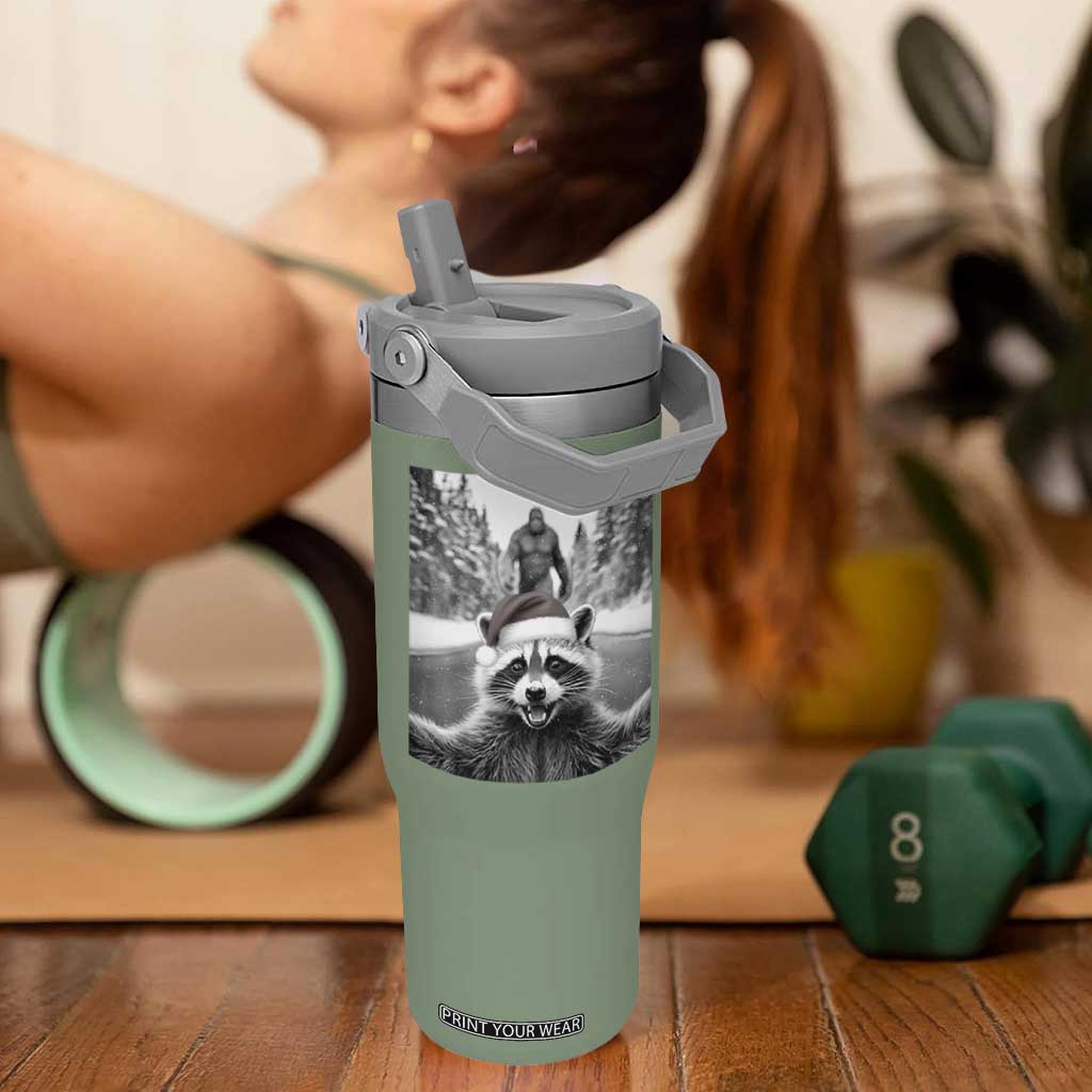 Funny Racoon With Bigfoot Selfie Christmas Flip Straw Tumbler TS14 One Size: 30 oz Moss Green Print Your Wear