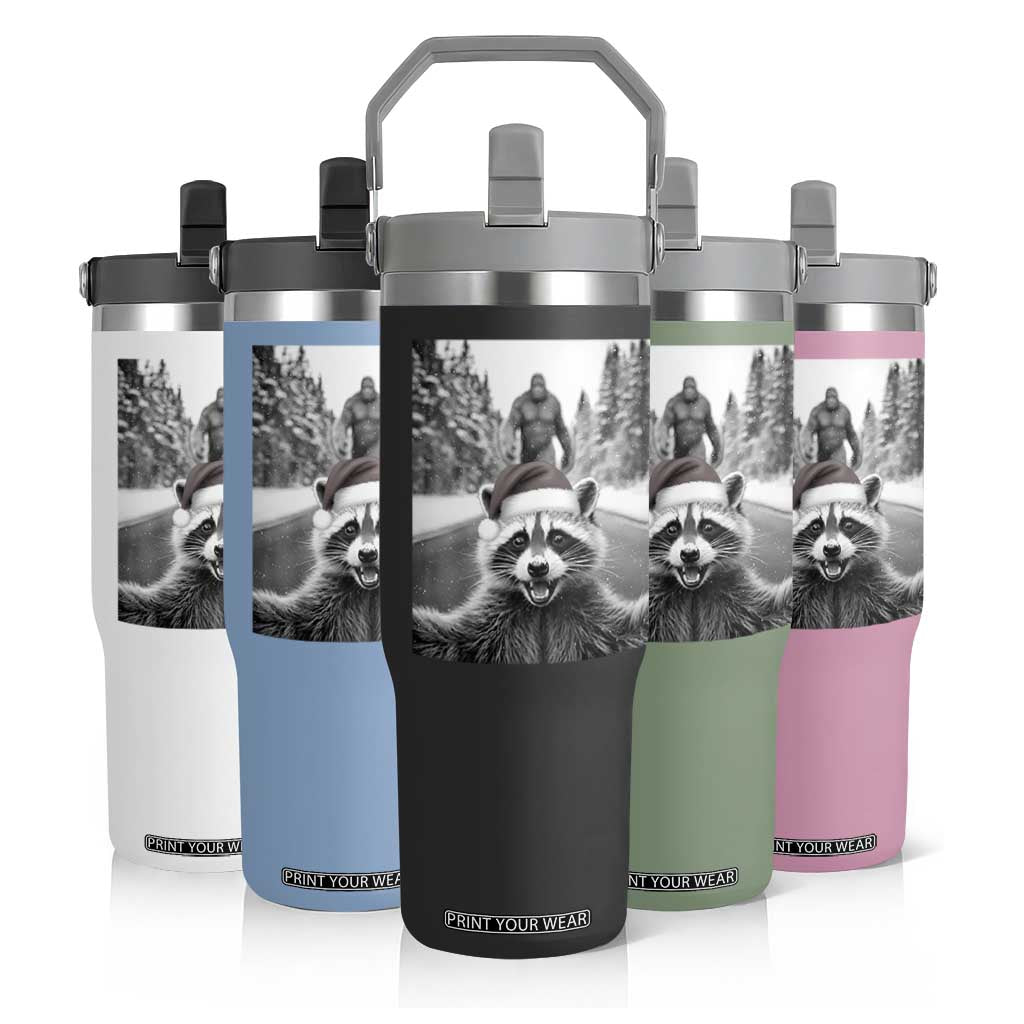 Funny Racoon With Bigfoot Selfie Christmas Flip Straw Tumbler TS14 Print Your Wear