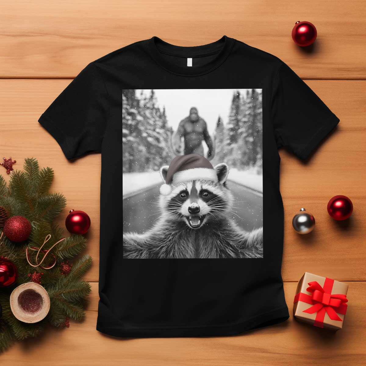 Funny Racoon With Bigfoot Selfie Christmas T Shirt TS14 Black Print Your Wear