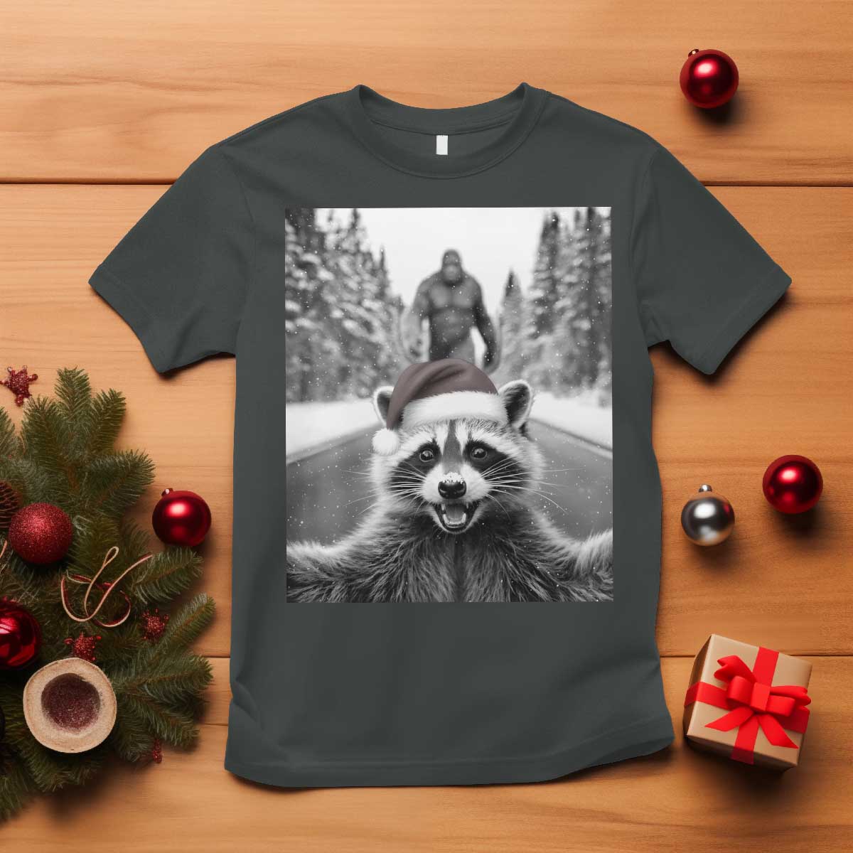 Funny Racoon With Bigfoot Selfie Christmas T Shirt TS14 Dark Heather Print Your Wear