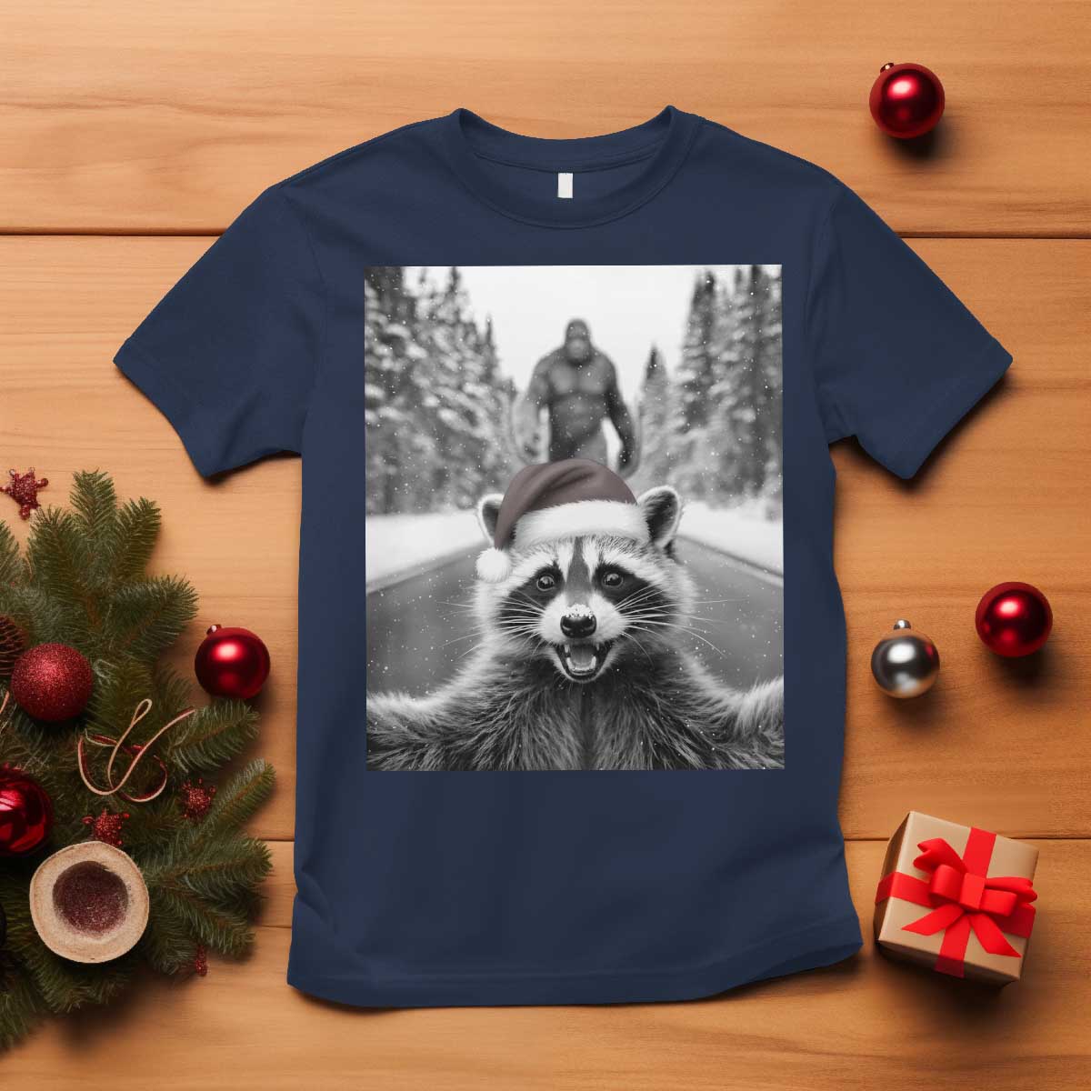 Funny Racoon With Bigfoot Selfie Christmas T Shirt TS14 Navy Print Your Wear