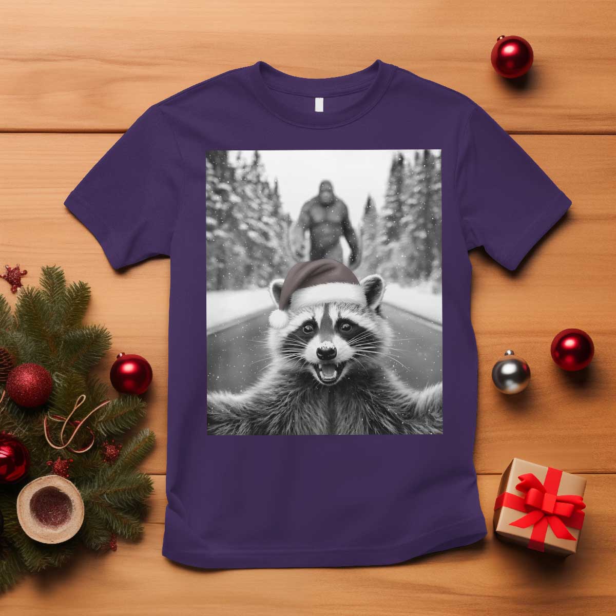 Funny Racoon With Bigfoot Selfie Christmas T Shirt TS14 Purple Print Your Wear