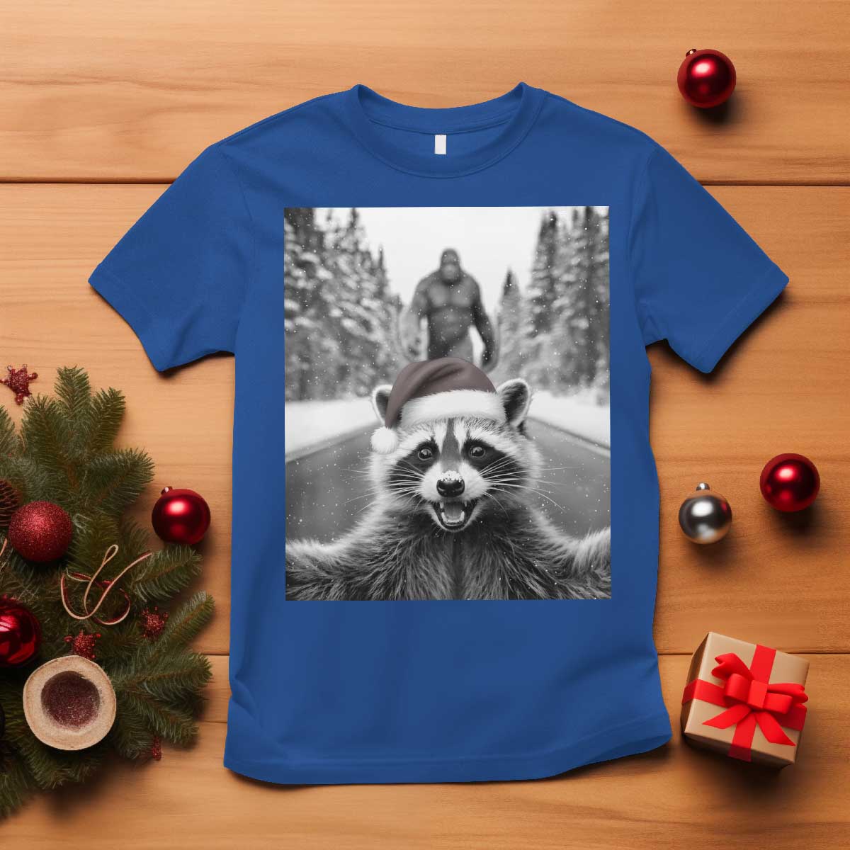 Funny Racoon With Bigfoot Selfie Christmas T Shirt TS14 Royal Blue Print Your Wear