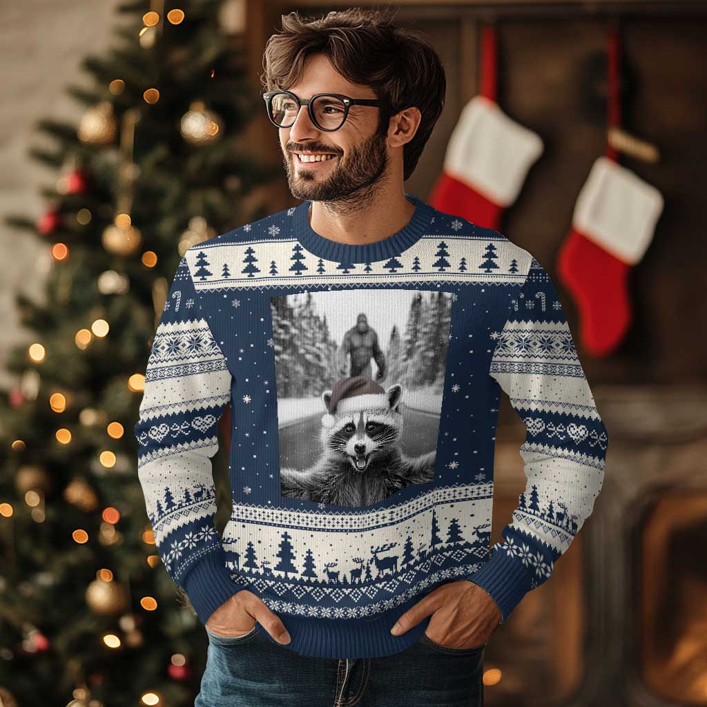 Funny Racoon With Bigfoot Selfie Xmas Ugly Christmas Sweater TS14 Navy Beige Print Your Wear