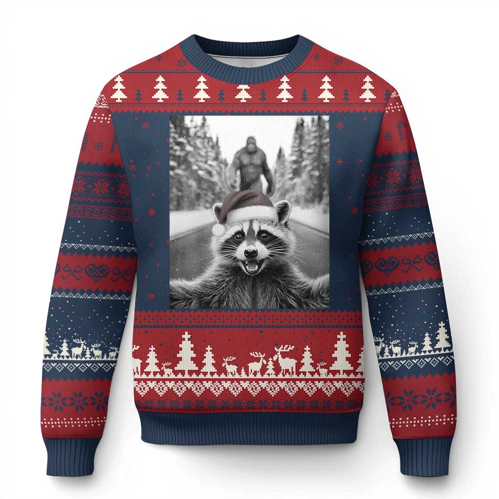 Funny Racoon With Bigfoot Selfie Xmas Ugly Christmas Sweater TS14 Navy Red Print Your Wear