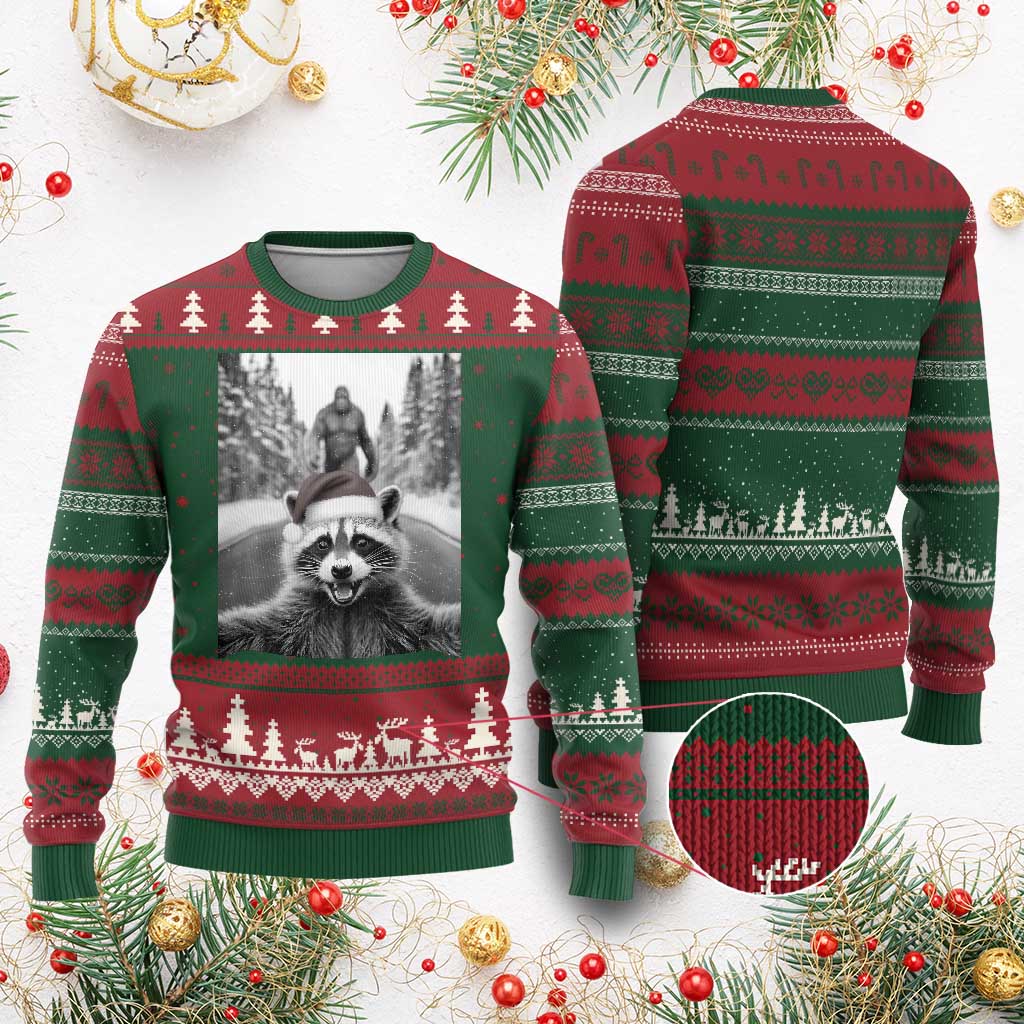 Funny Racoon With Bigfoot Selfie Xmas Ugly Christmas Sweater TS14 Red Green Print Your Wear