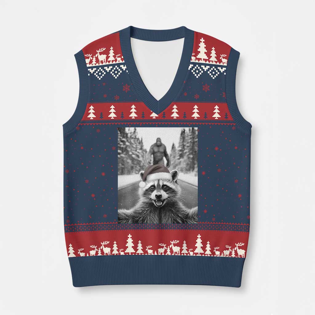 Funny Racoon With Bigfoot Selfie Xmas V-Neck Knit Sweater Vest TS14 Navy Red Print Your Wear