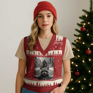 Funny Racoon With Bigfoot Selfie Xmas V-Neck Knit Sweater Vest TS14 Red Beige Print Your Wear