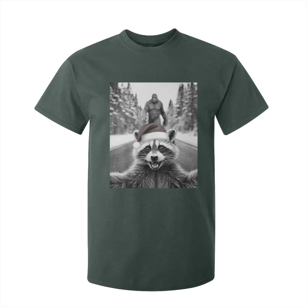 Funny Racoon With Bigfoot Selfie Christmas T Shirt For Kid TS14 Dark Forest Green Print Your Wear