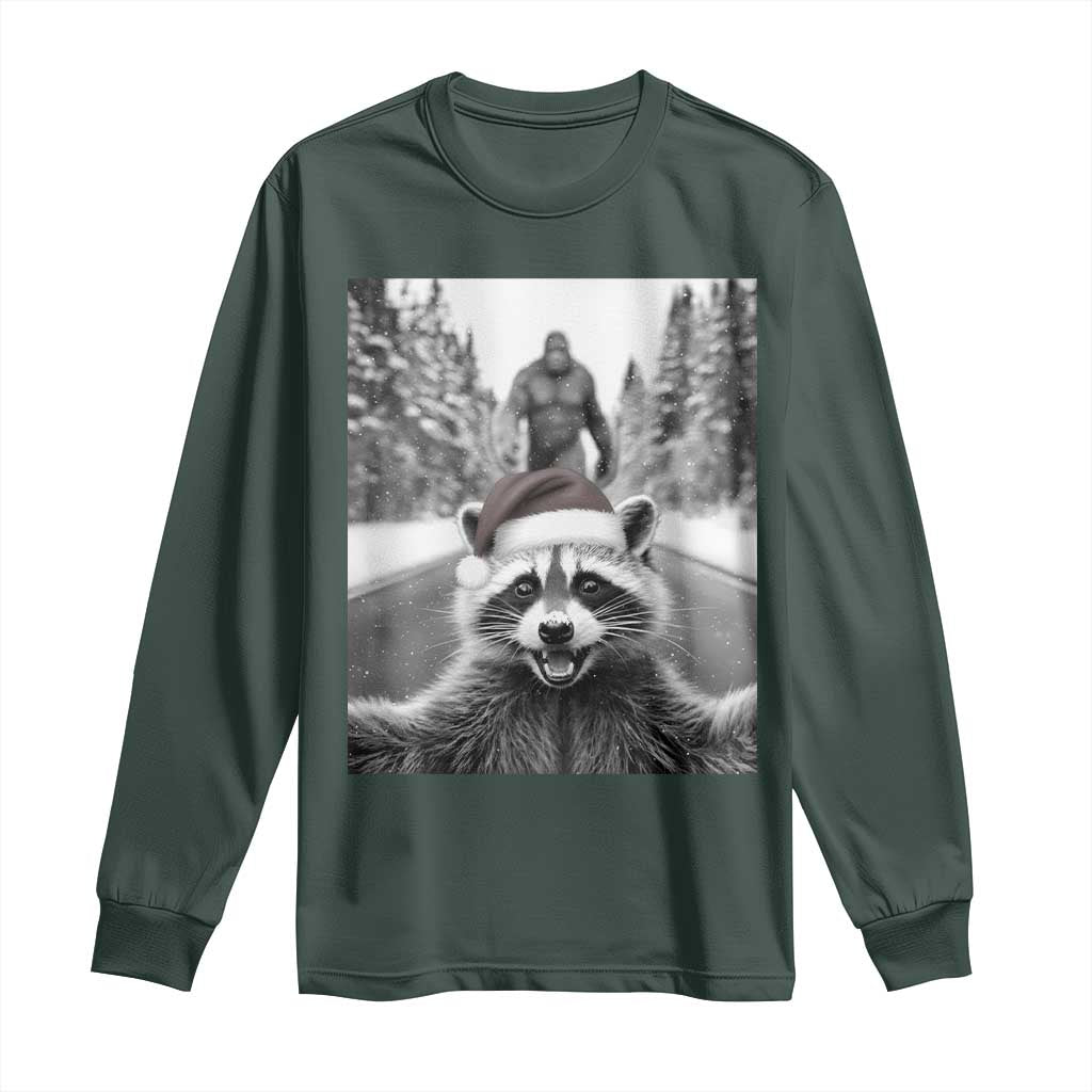 Funny Racoon With Bigfoot Selfie Christmas Long Sleeve Shirt TS14 Dark Forest Green Print Your Wear