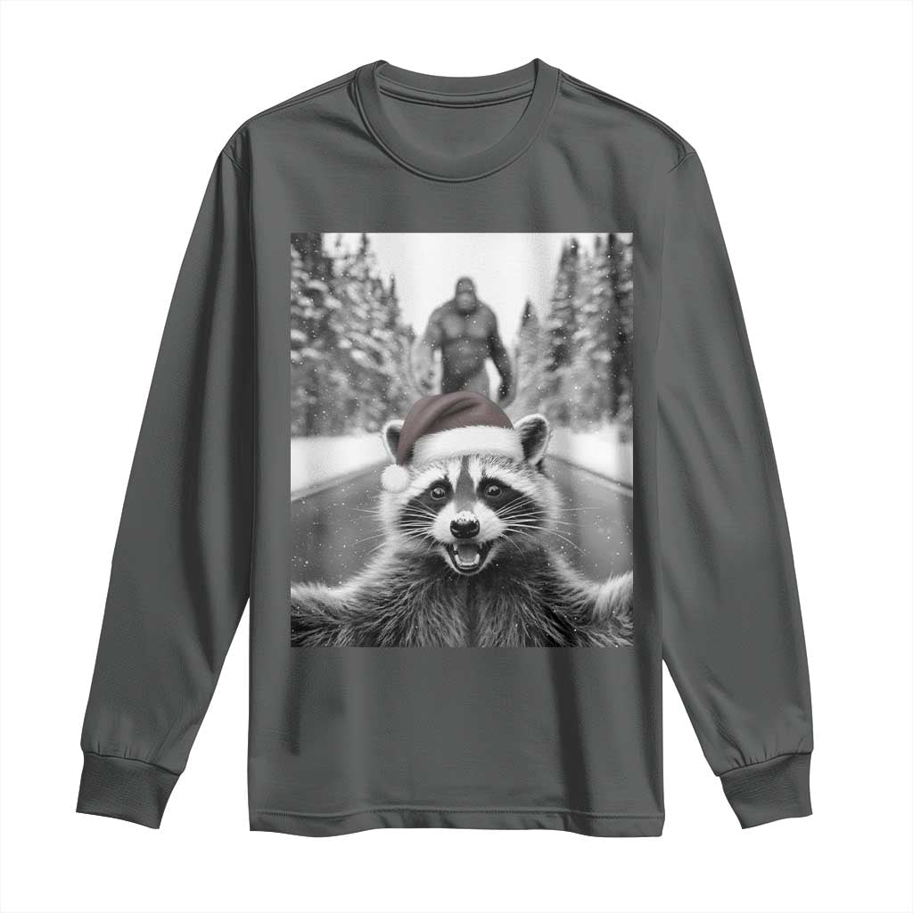 Funny Racoon With Bigfoot Selfie Christmas Long Sleeve Shirt TS14 Dark Heather Print Your Wear