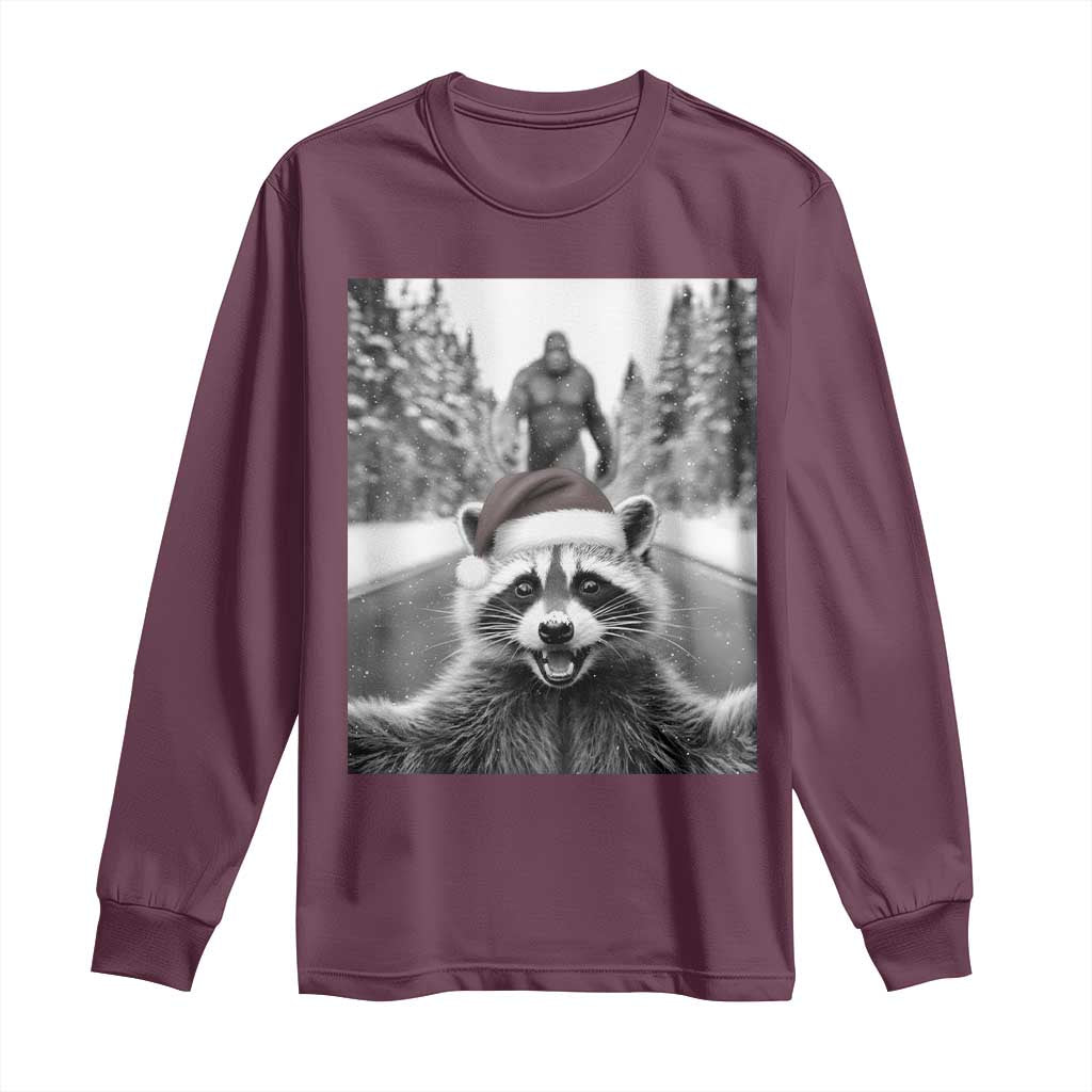 Funny Racoon With Bigfoot Selfie Christmas Long Sleeve Shirt TS14 Maroon Print Your Wear
