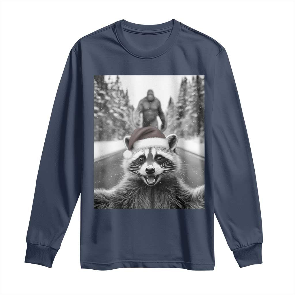 Funny Racoon With Bigfoot Selfie Christmas Long Sleeve Shirt TS14 Navy Print Your Wear
