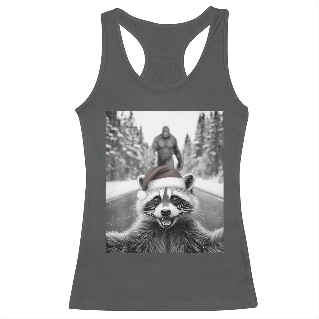 Funny Racoon With Bigfoot Selfie Christmas Racerback Tank Top TS14 Dark Heather Print Your Wear
