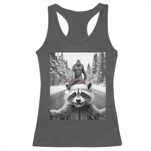 Funny Racoon With Bigfoot Selfie Christmas Racerback Tank Top TS14 Dark Heather Print Your Wear