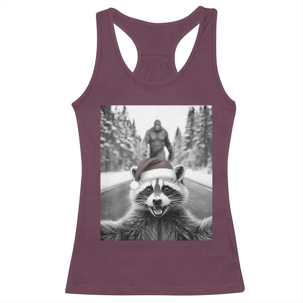 Funny Racoon With Bigfoot Selfie Christmas Racerback Tank Top TS14 Maroon Print Your Wear