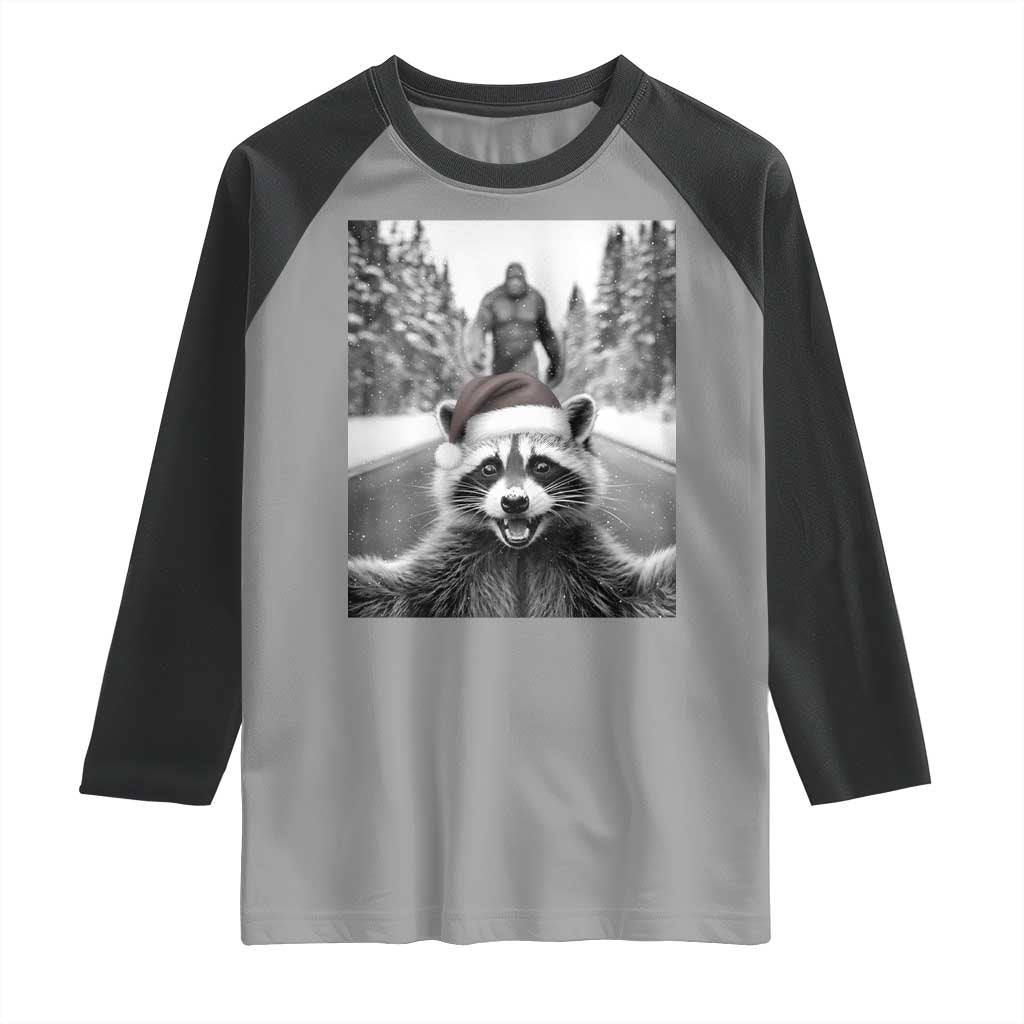 Funny Racoon With Bigfoot Selfie Christmas Raglan Shirt TS14 Sport Gray Black Print Your Wear