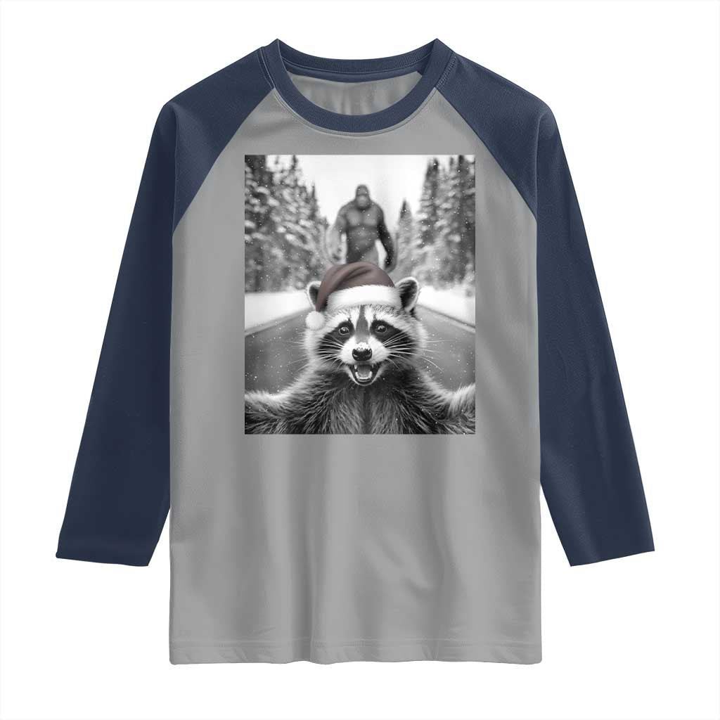 Funny Racoon With Bigfoot Selfie Christmas Raglan Shirt TS14 Sport Gray Navy Print Your Wear