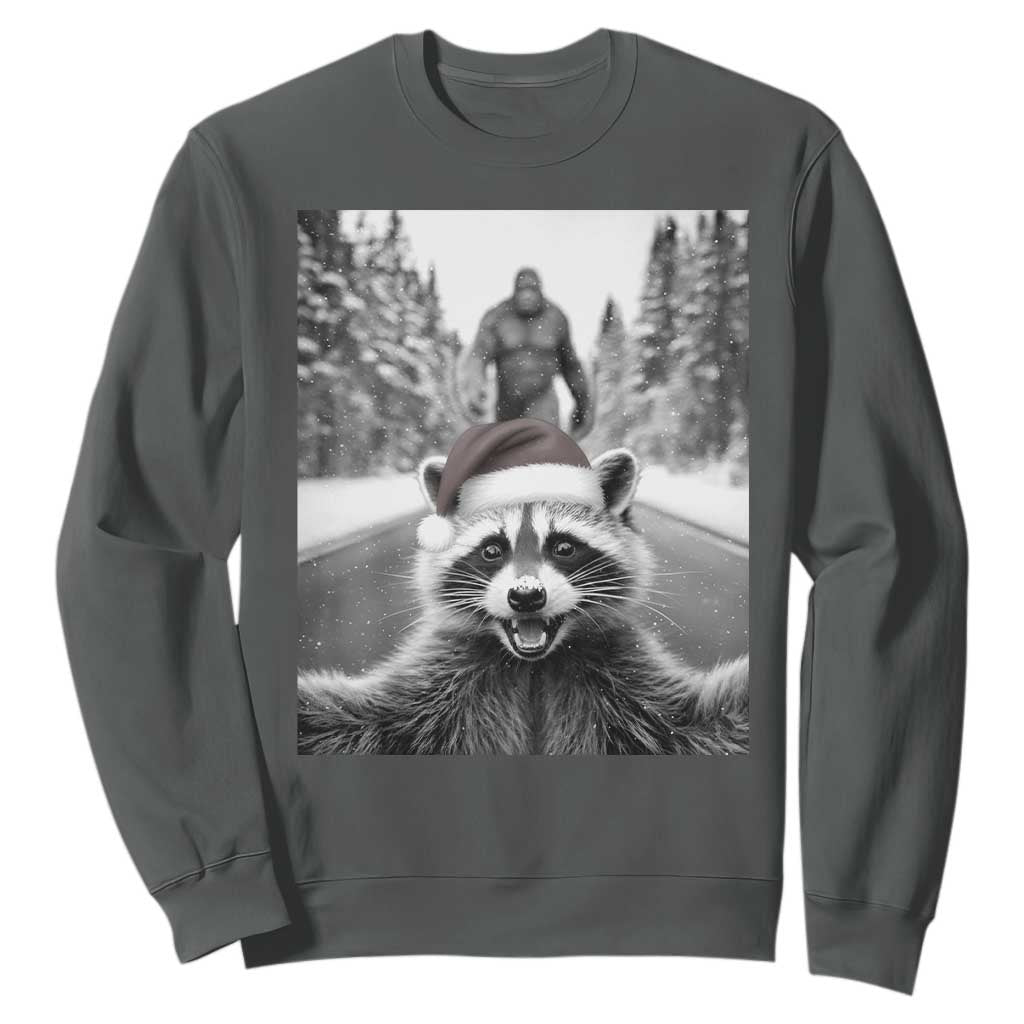 Funny Racoon With Bigfoot Selfie Christmas Sweatshirt TS14 Dark Heather Print Your Wear