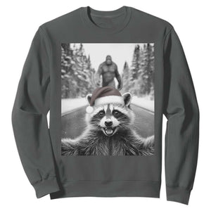 Funny Racoon With Bigfoot Selfie Christmas Sweatshirt TS14 Dark Heather Print Your Wear