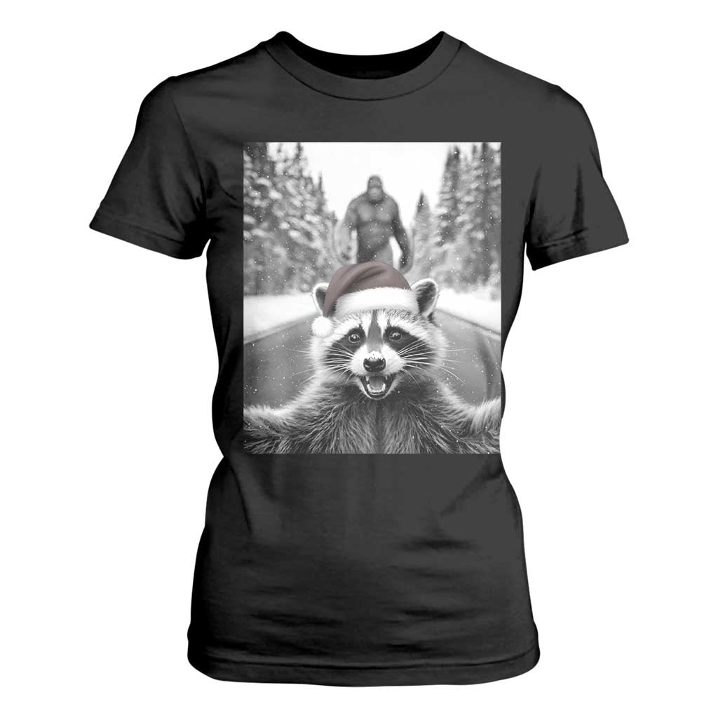 Funny Racoon With Bigfoot Selfie Christmas T Shirt For Women TS14 Black Print Your Wear