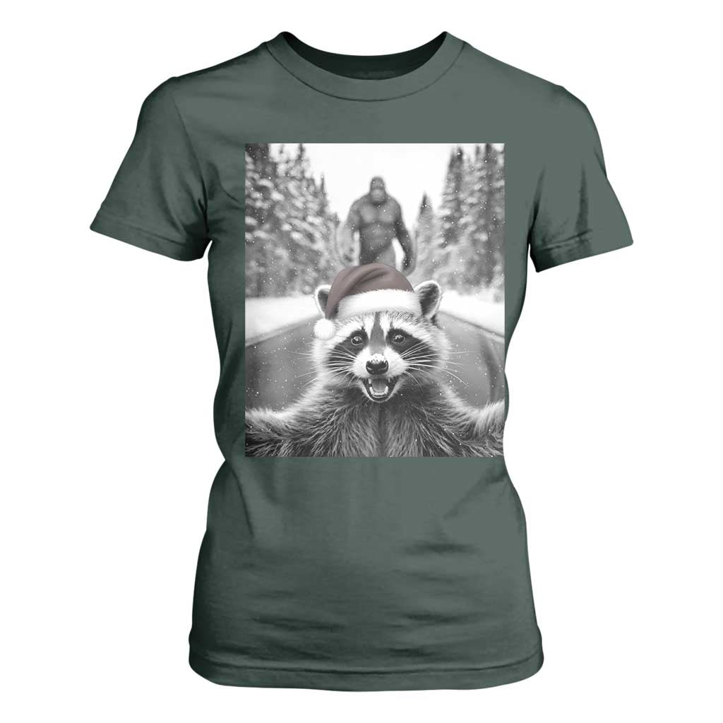 Funny Racoon With Bigfoot Selfie Christmas T Shirt For Women TS14 Dark Forest Green Print Your Wear