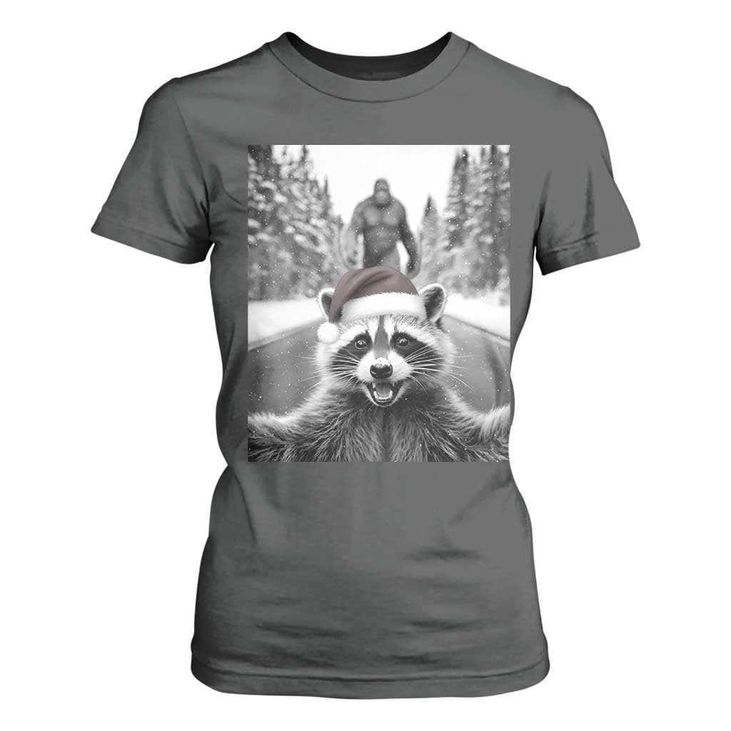 Funny Racoon With Bigfoot Selfie Christmas T Shirt For Women TS14 Dark Heather Print Your Wear