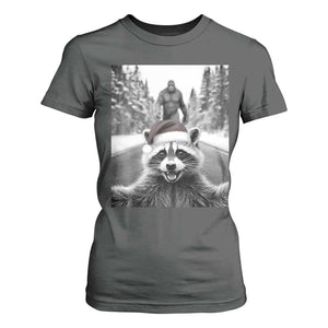 Funny Racoon With Bigfoot Selfie Christmas T Shirt For Women TS14 Dark Heather Print Your Wear