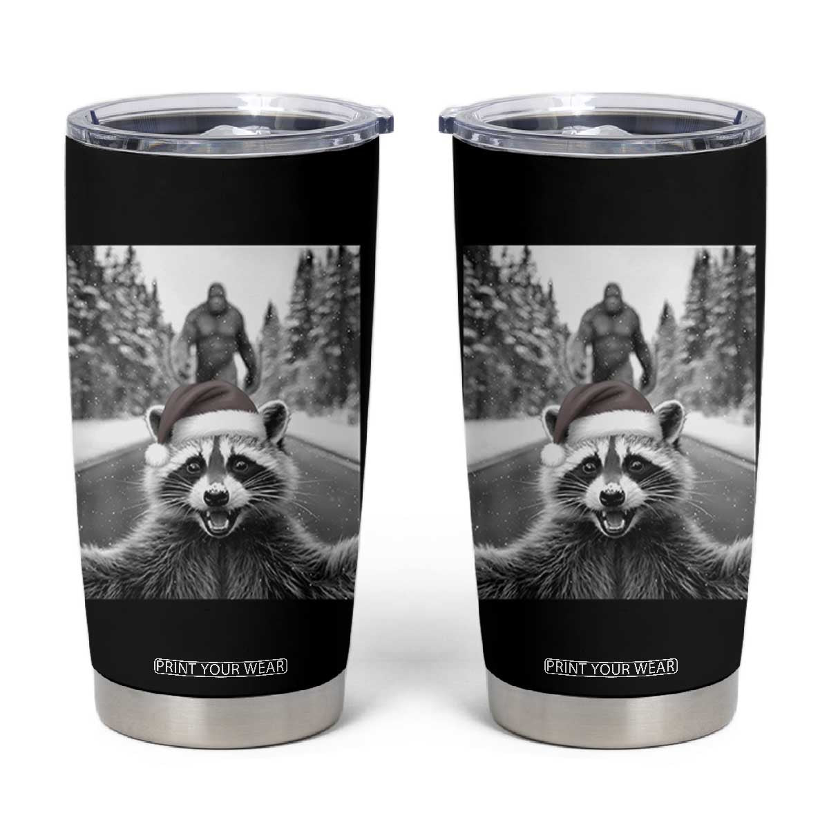 Funny Racoon With Bigfoot Selfie Christmas Tumbler Cup TS14 Black Print Your Wear