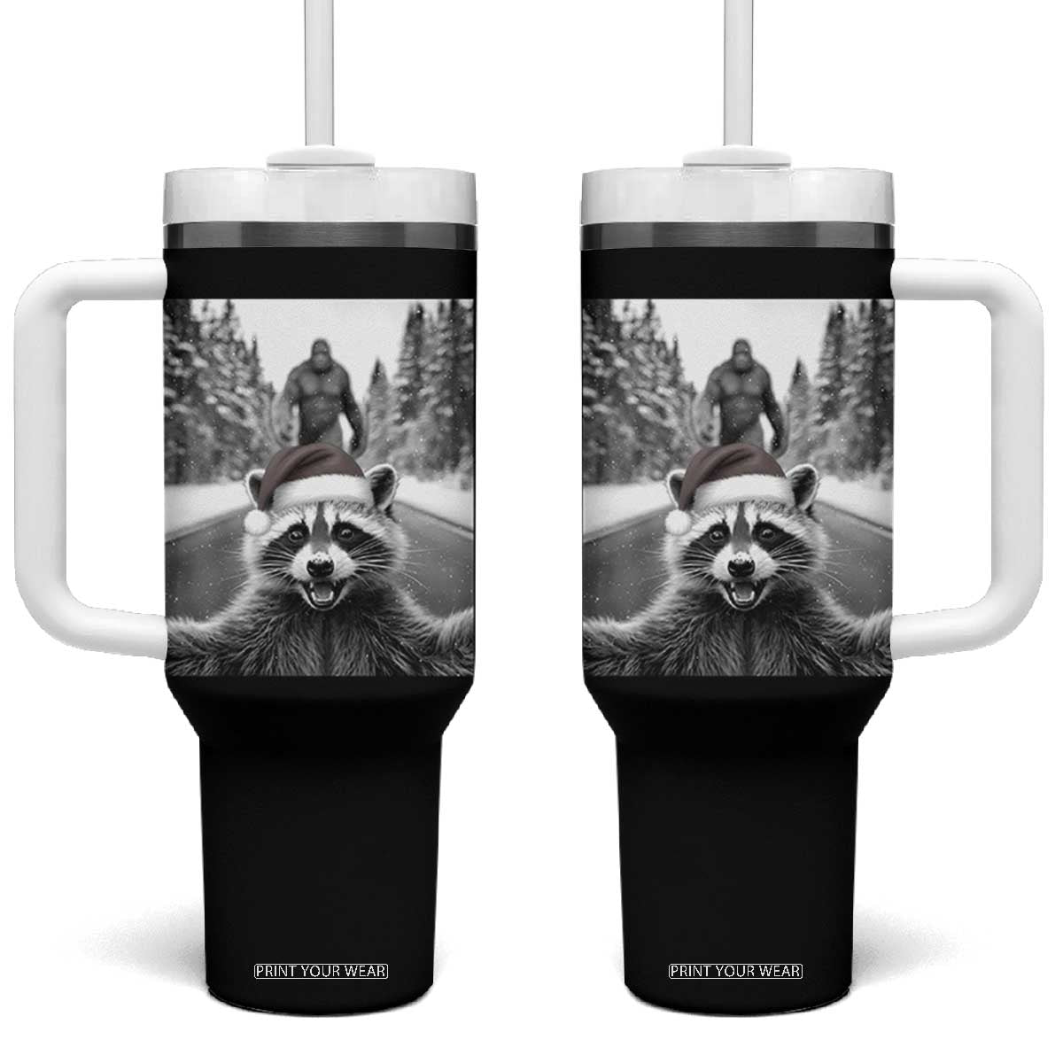 Funny Racoon With Bigfoot Selfie Christmas Tumbler With Handle TS14 One Size: 40 oz Black Print Your Wear