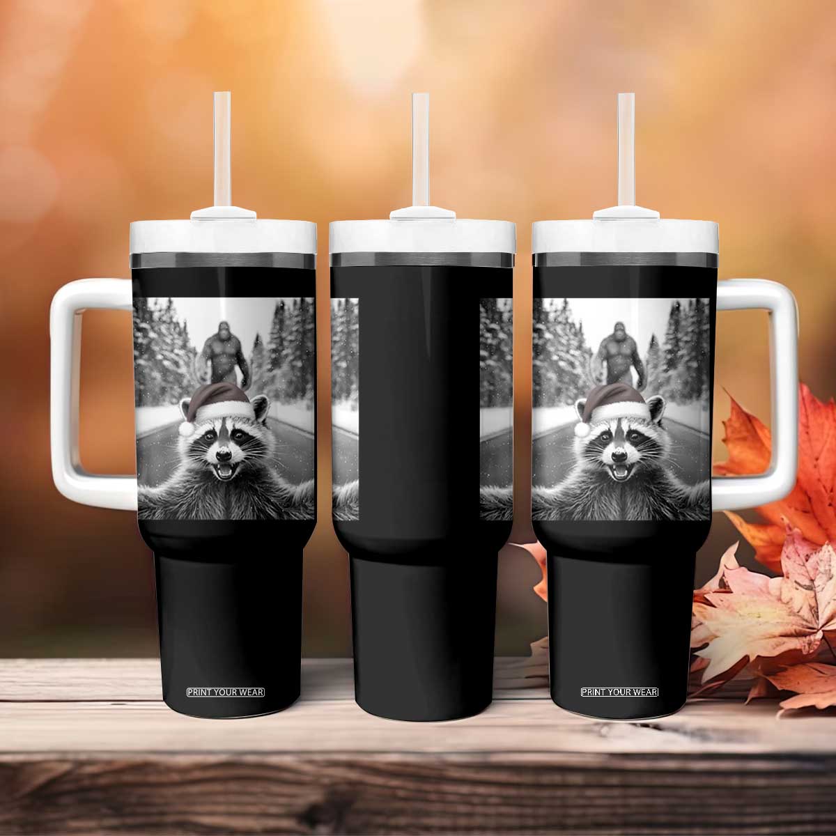Funny Racoon With Bigfoot Selfie Christmas Tumbler With Handle TS14 Print Your Wear