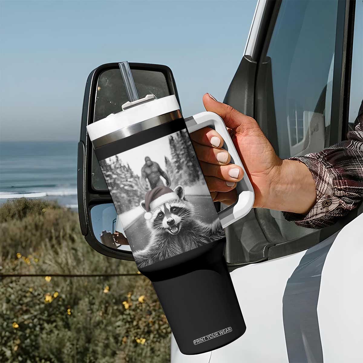 Funny Racoon With Bigfoot Selfie Christmas Tumbler With Handle TS14 Print Your Wear
