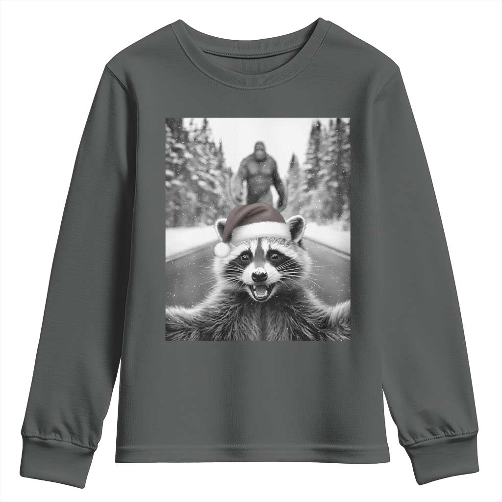 Funny Racoon With Bigfoot Selfie Christmas Youth Sweatshirt TS14 Dark Heather Print Your Wear